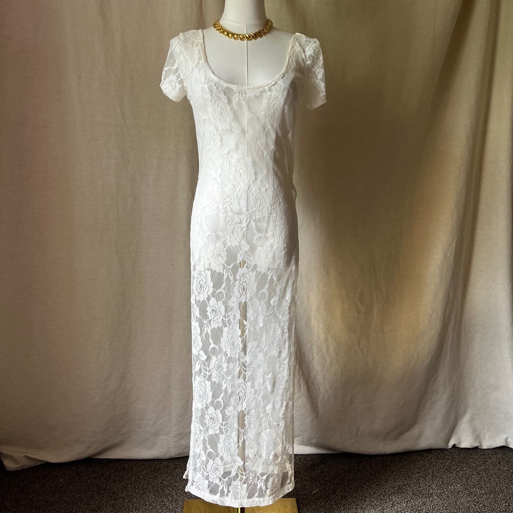 Vintage White Sheer Lace Maxi Cover Up Festival Dress USA M/L